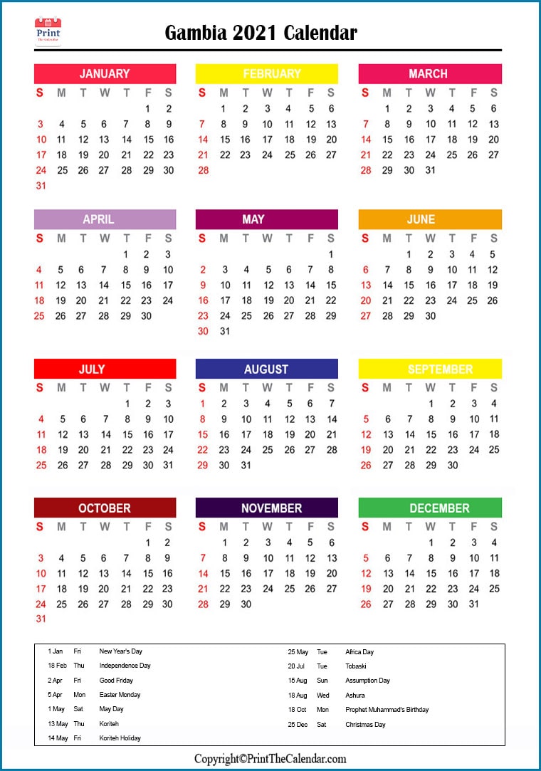 Gambia Printable Calendar 2021